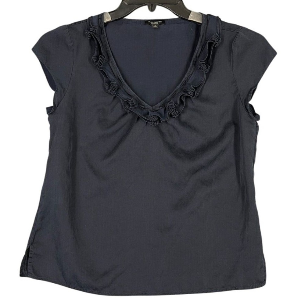 TALBOTS SHIRT WOMEN 6 BLACK SILK CAP-SLEEVE RUFFLES BIZ CAREER PROFESSIONAL